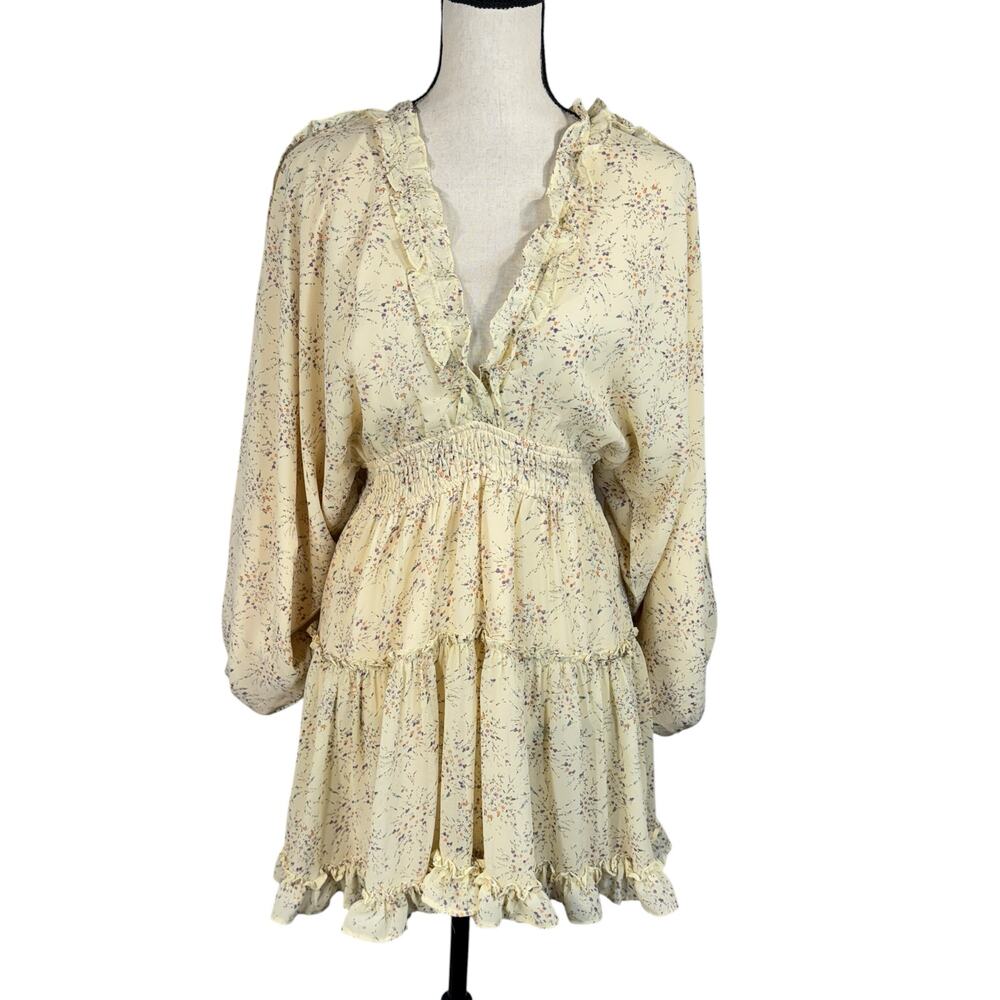 Storia Small Mini Dress Floral Deep V-Neck Ruffled Long Dolman Sleeves Lined